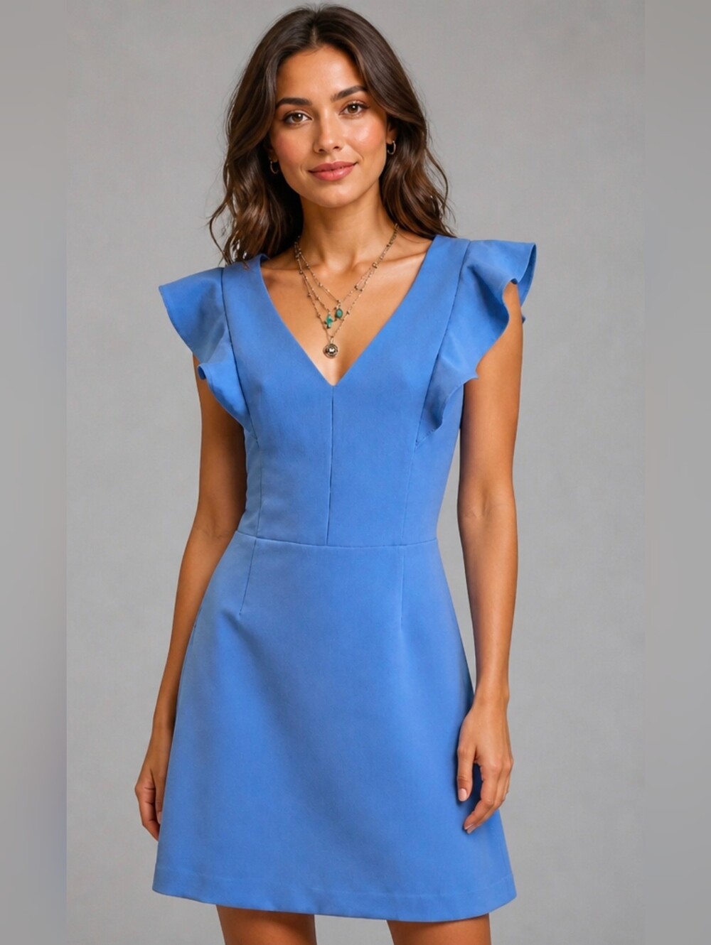 French Connection Powder Blue V-Neck Ruffle Cap Sleeve Dress